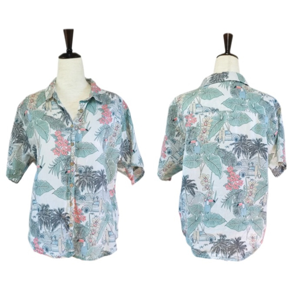 C&C CALIFORNIA Tropical Print 100% Linen Shirt Small Button Front Summer Womens